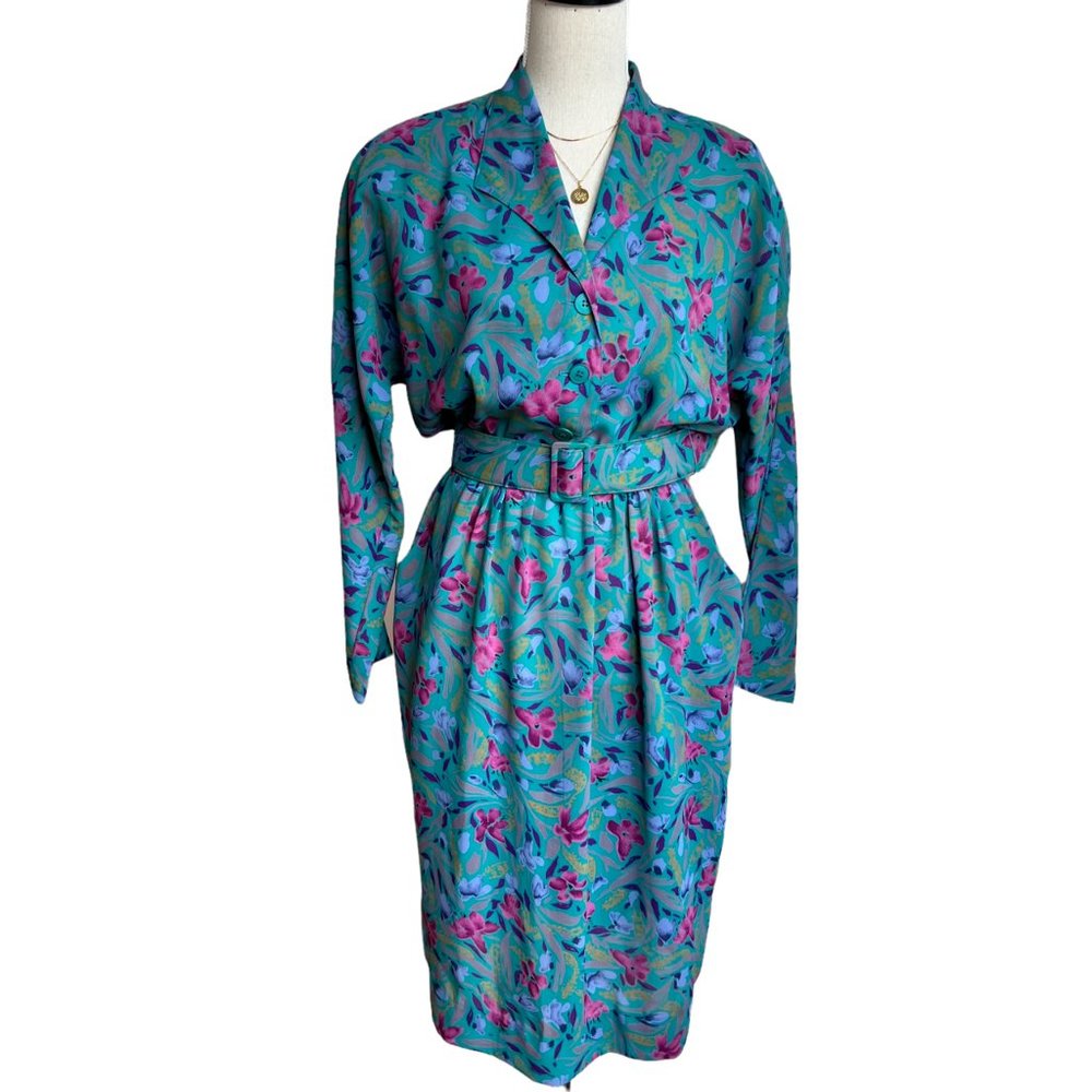 Vintage  Katie Lewis Long Sleeve Blue Floral Midi Dress Size 8